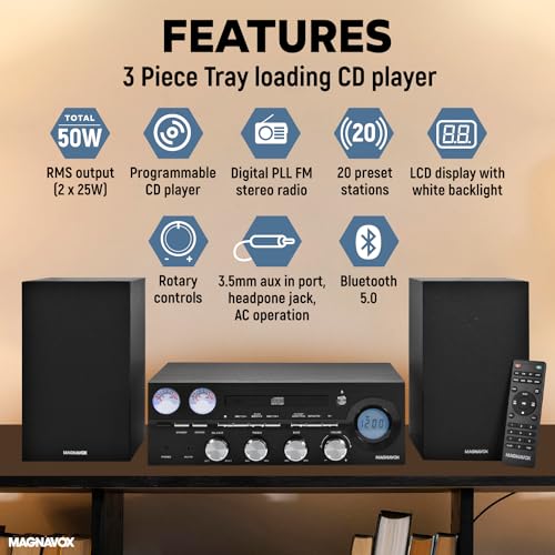 Magnavox MM451 3-Piece Tray Loading CD Shelf System with Digital PLL FM Stereo Radio, Bluetooth Wireless Technology, and Remote Control in Black | LCD Display | AUX Port Compatible |