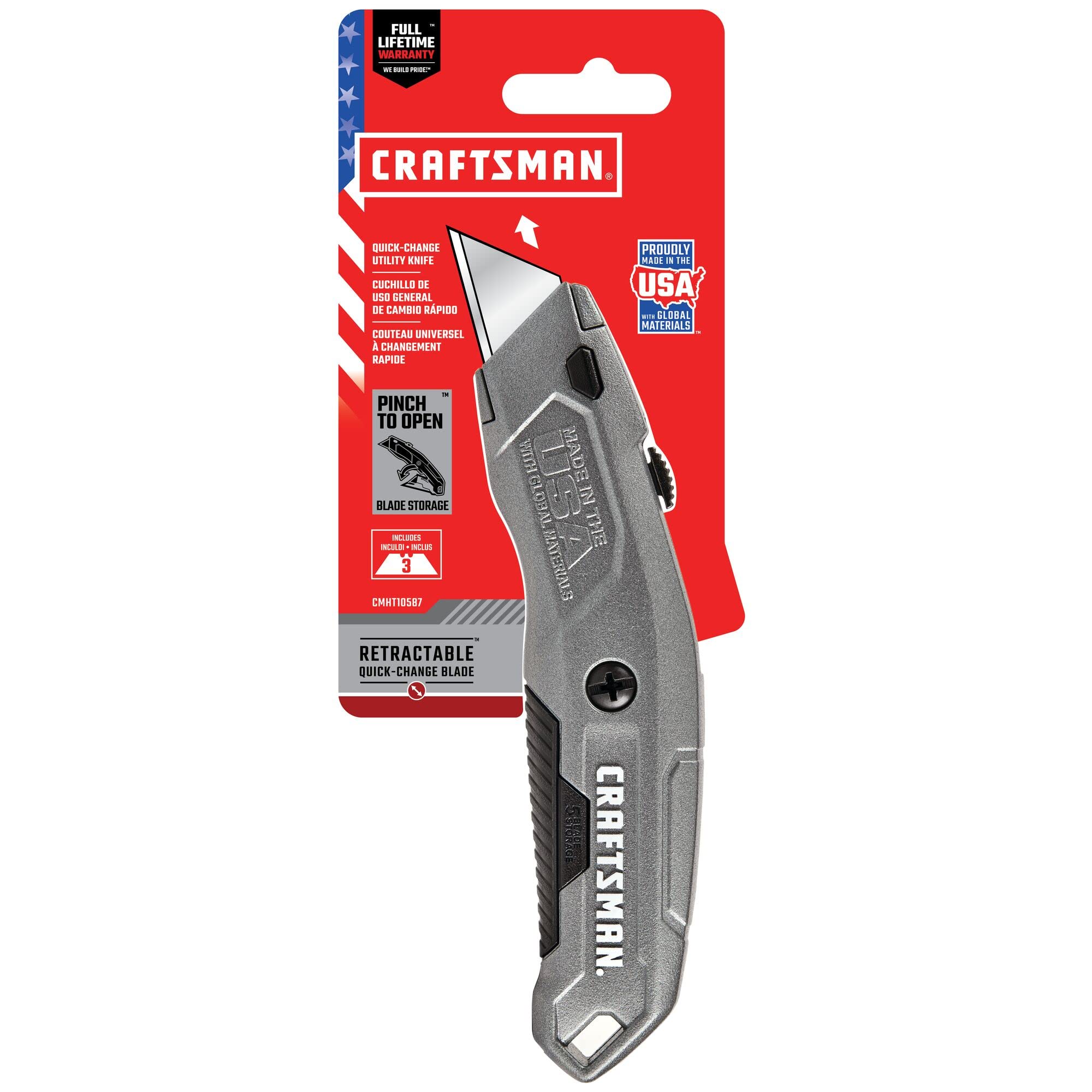 CRAFTSMAN Utility Knife, Quick Change, Retractable, 3 Blade (CMHT10587)