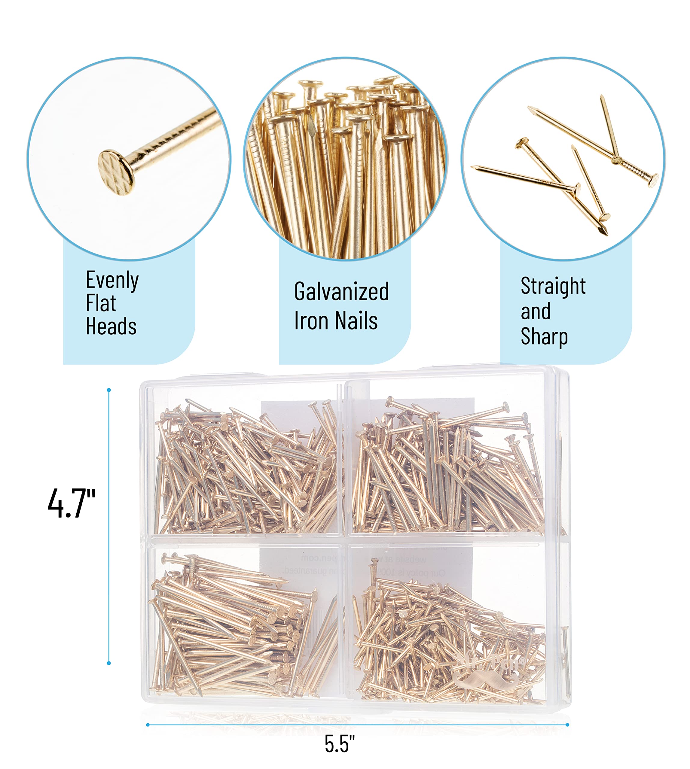 Mr. Pen- Nail Assortment Kit, 600 Pcs, 4 Sizes, Gold, Small Nails, Nails for Hanging Pictures, Finishing Nails, Wall Nails for Hanging, Pin Nails, Hardware Nails, Assorted Nails, Galvanized Nails.