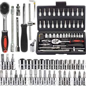 VEHIMACH Drive Socket Set, SAE and Metric Hex Bit Socket Set, Ratchet Wrench Set with S2 & CR-V Sockets, Mechanic Tool Kits for Auto Repair Household