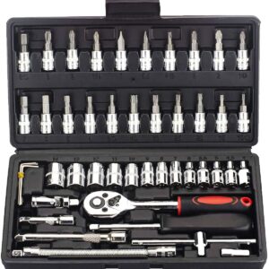 VEHIMACH Drive Socket Set, SAE and Metric Hex Bit Socket Set, Ratchet Wrench Set with S2 & CR-V Sockets, Mechanic Tool Kits for Auto Repair Household