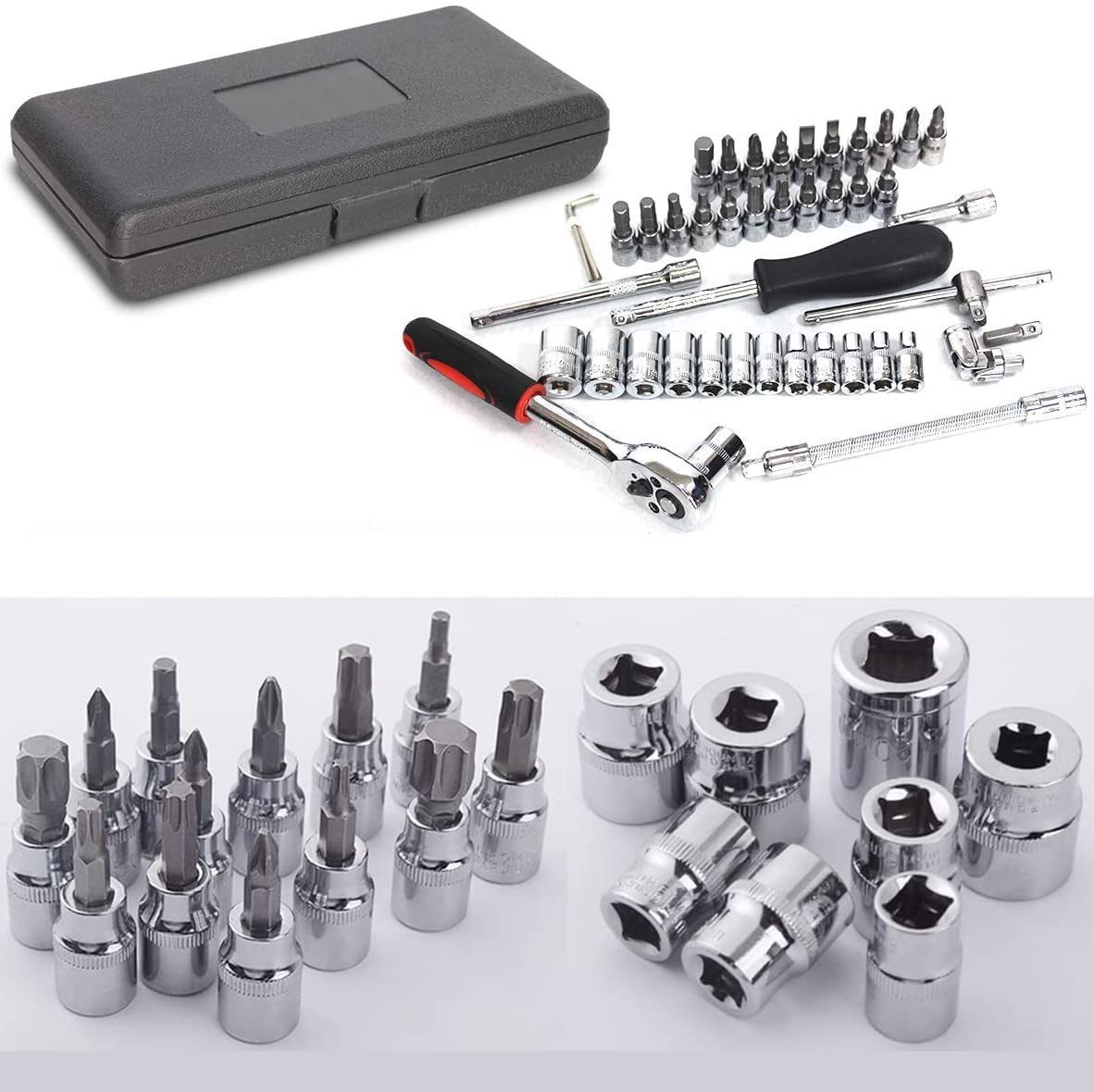 VEHIMACH Drive Socket Set, SAE and Metric Hex Bit Socket Set, Ratchet Wrench Set with S2 & CR-V Sockets, Mechanic Tool Kits for Auto Repair Household