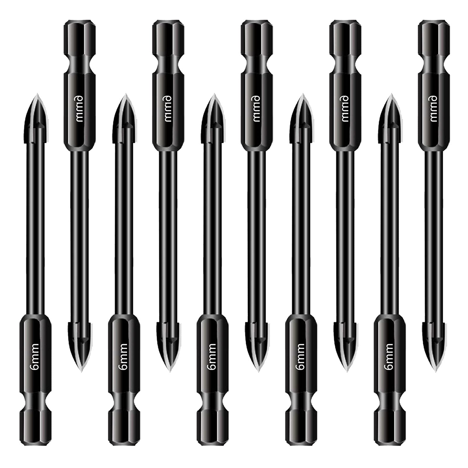 10Pcs Masonry Drill Bits Set, 6mm Glass and Tile Drill Bit, 1/4 Hex Shank Tungsten Carbide Tip Drilling Tools for Mirror Ceramic Tile on Concrete and Brick Wall