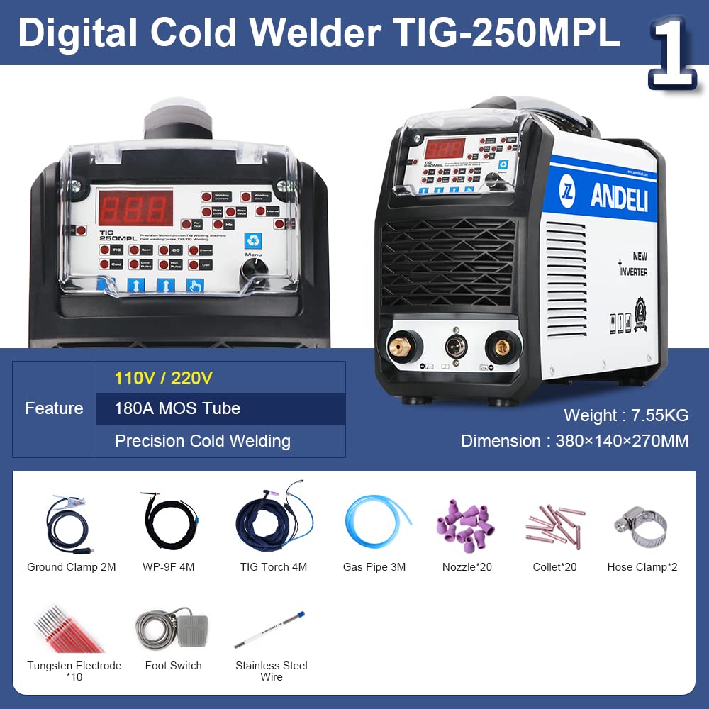 ANDELI Cold Welding Machine 110V/220V TIG-250MPL TIG Welder MOS Tube Multifunctional With Hot/Cold/TIG Pulse Cold TIG Welding Machine