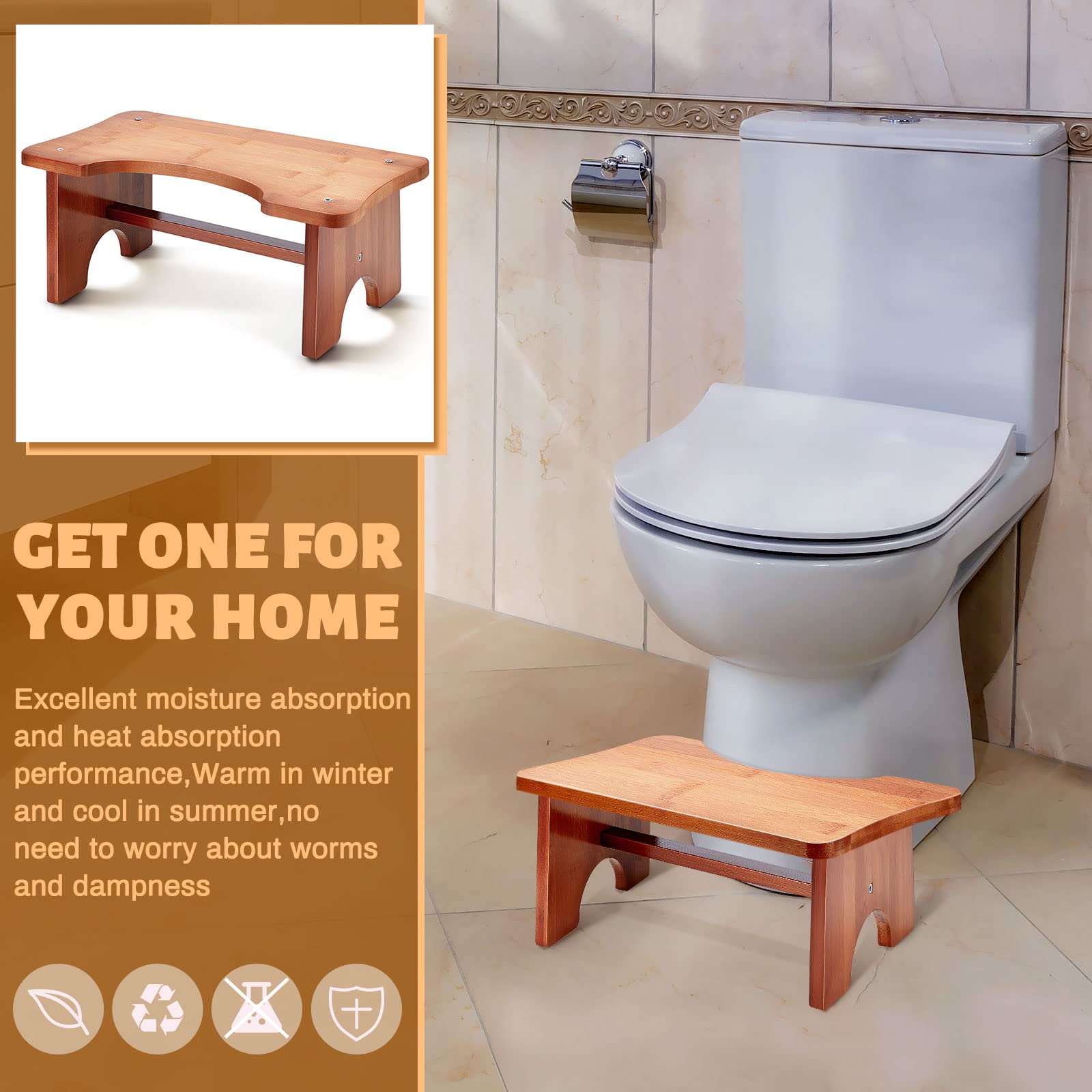 Toilet Squatting Stool Bamboo Toilet Foot Stool Bathroom Step Stool Non-Slip Potty Stool for Children and Adults in Bathroom Toilet, 6.7 Inches in Height (Dark Brown)