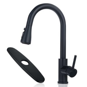 hiqufet black kitchen faucet with pull down sprayer, kitchen sink faucet with pull out sprayer fingerprint resistant including escutcheon plate