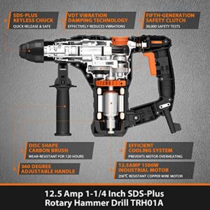 ENGiNDOT 1-1/4 Inch SDS-Plus Rotary Hammer Drill, 12.5 Amp 4350 BPM 900 RPM 4 Modes 7 JOULES Heavy Duty Hammer Drill with Safety Clutch, Drill Chuck - TRH01A