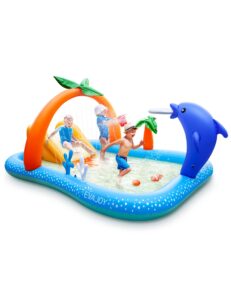 kiddie pool,evajoy inflatable play center kiddie pool with slide, wading lounge kids pool, coconut palm sprinkler, ball toss game for toddler, kid children, garden backyard water park, 95''x75''x40''