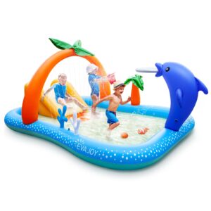 Kiddie Pool,Evajoy Inflatable Play Center Kiddie Pool with Slide, Wading Lounge Kids Pool, Coconut Palm Sprinkler, Ball Toss Game for Toddler, Kid Children, Garden Backyard Water Park, 95''x75''x40''