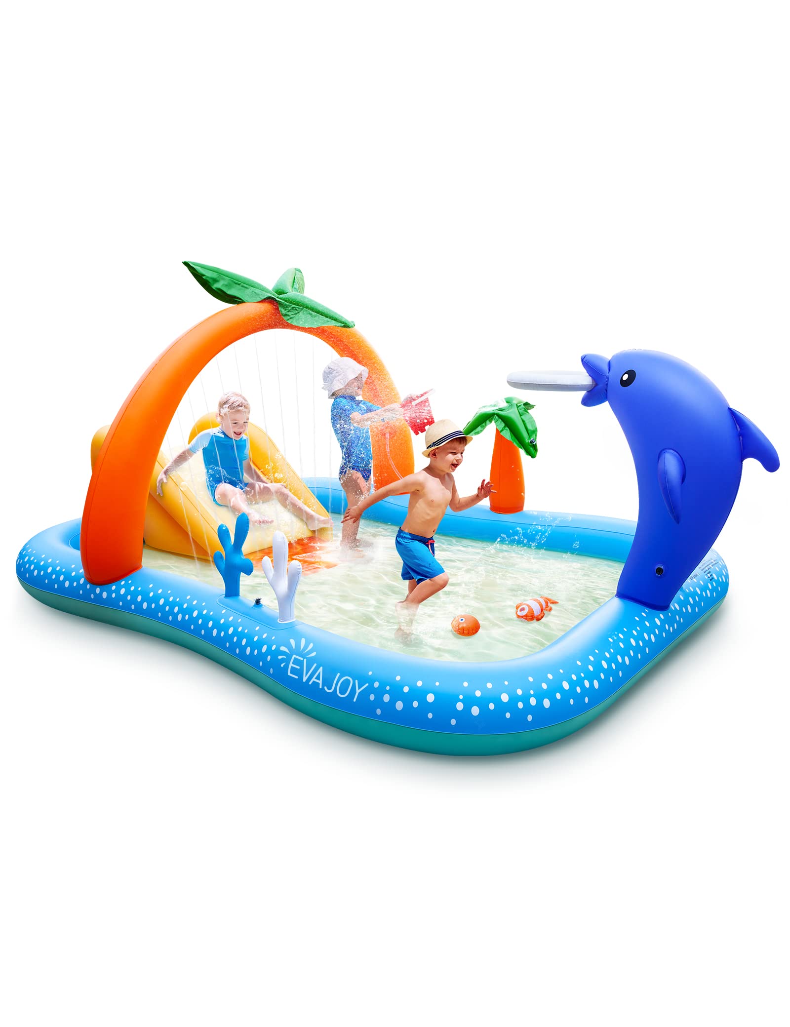 Kiddie Pool,Evajoy Inflatable Play Center Kiddie Pool with Slide, Wading Lounge Kids Pool, Coconut Palm Sprinkler, Ball Toss Game for Toddler, Kid Children, Garden Backyard Water Park, 95''x75''x40''