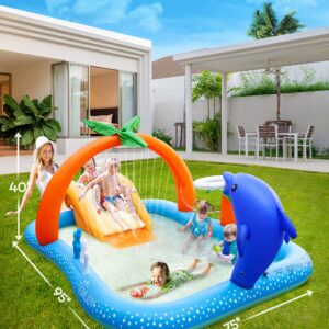 Kiddie Pool,Evajoy Inflatable Play Center Kiddie Pool with Slide, Wading Lounge Kids Pool, Coconut Palm Sprinkler, Ball Toss Game for Toddler, Kid Children, Garden Backyard Water Park, 95''x75''x40''