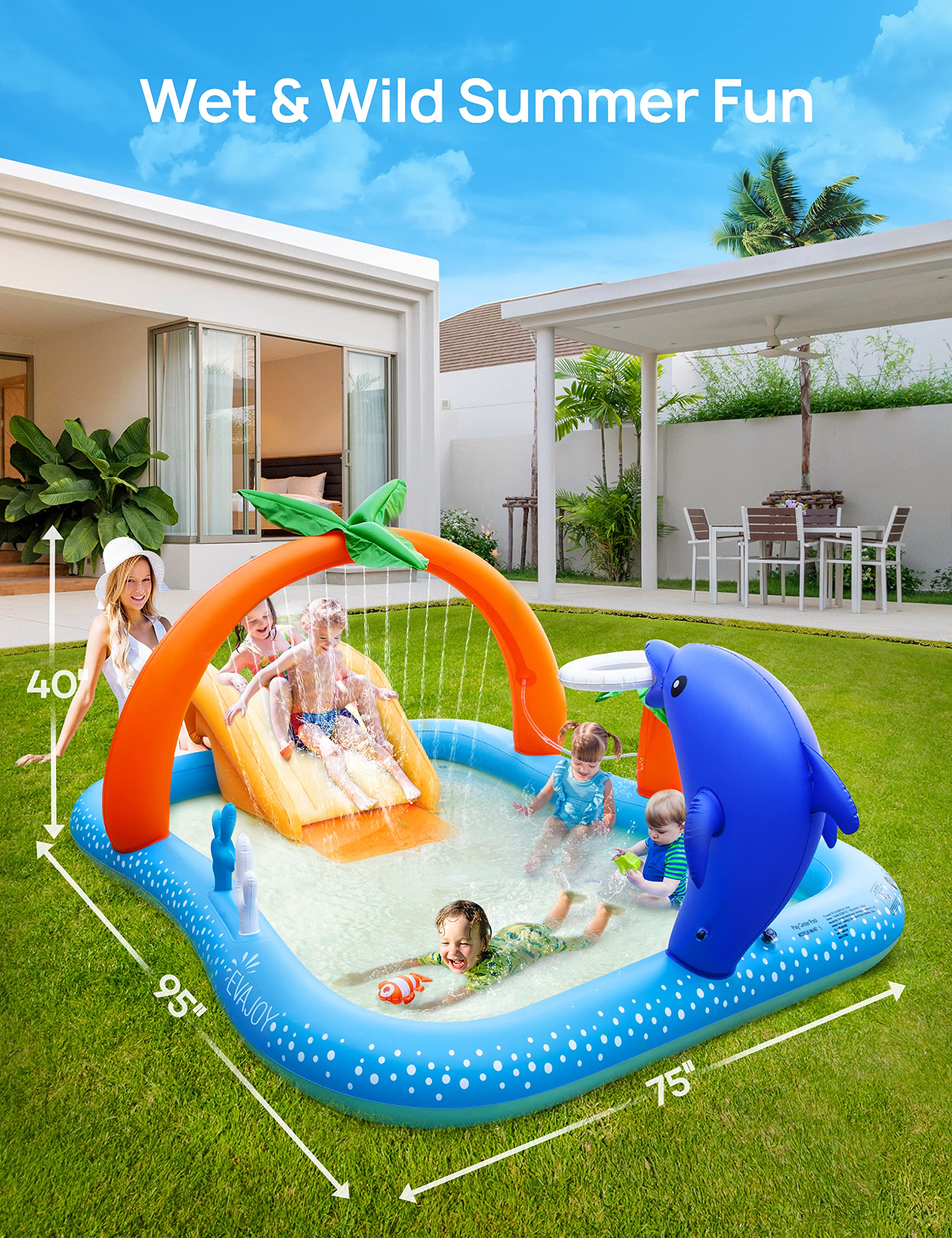 Kiddie Pool,Evajoy Inflatable Play Center Kiddie Pool with Slide, Wading Lounge Kids Pool, Coconut Palm Sprinkler, Ball Toss Game for Toddler, Kid Children, Garden Backyard Water Park, 95''x75''x40''