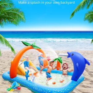 Kiddie Pool,Evajoy Inflatable Play Center Kiddie Pool with Slide, Wading Lounge Kids Pool, Coconut Palm Sprinkler, Ball Toss Game for Toddler, Kid Children, Garden Backyard Water Park, 95''x75''x40''