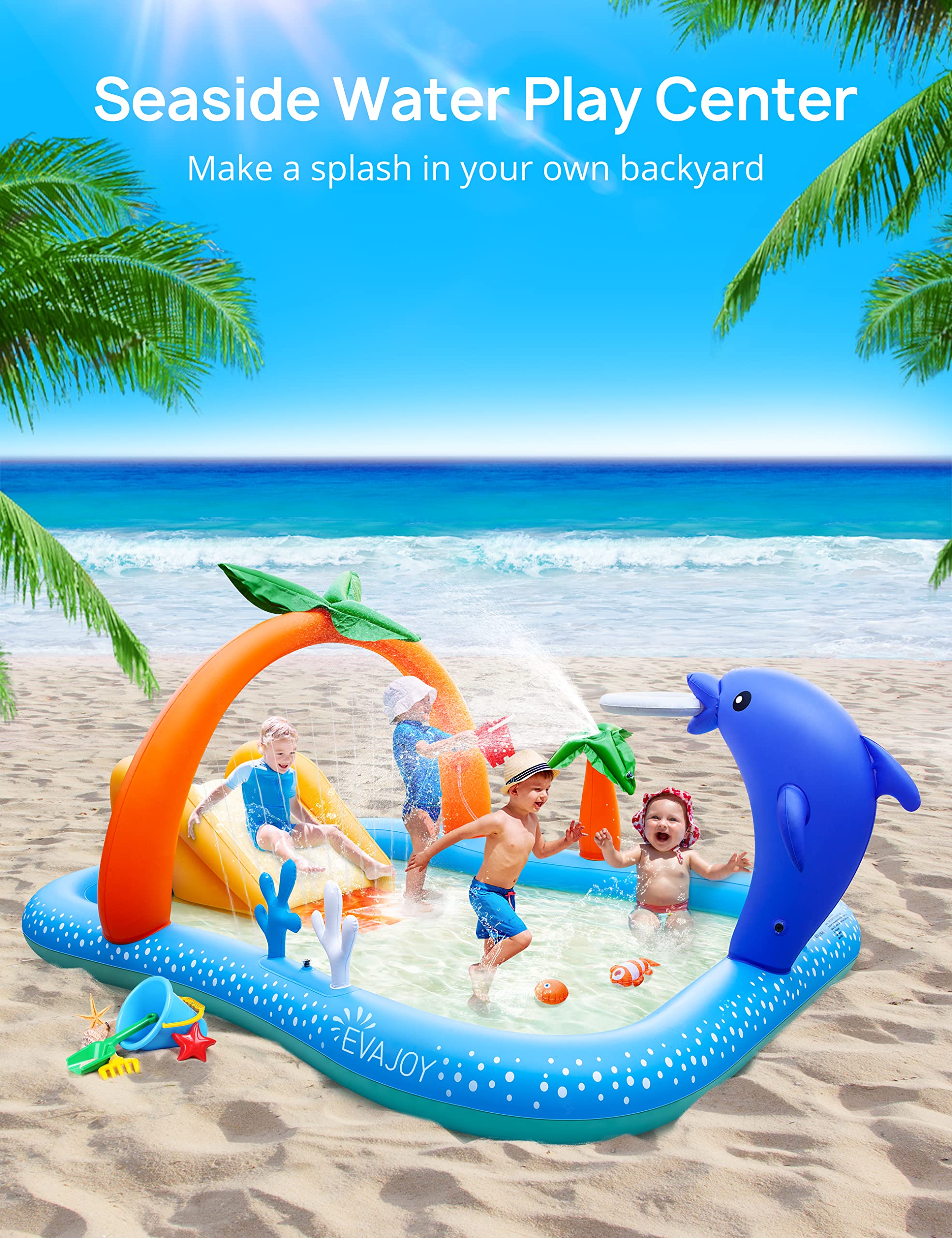 Kiddie Pool,Evajoy Inflatable Play Center Kiddie Pool with Slide, Wading Lounge Kids Pool, Coconut Palm Sprinkler, Ball Toss Game for Toddler, Kid Children, Garden Backyard Water Park, 95''x75''x40''