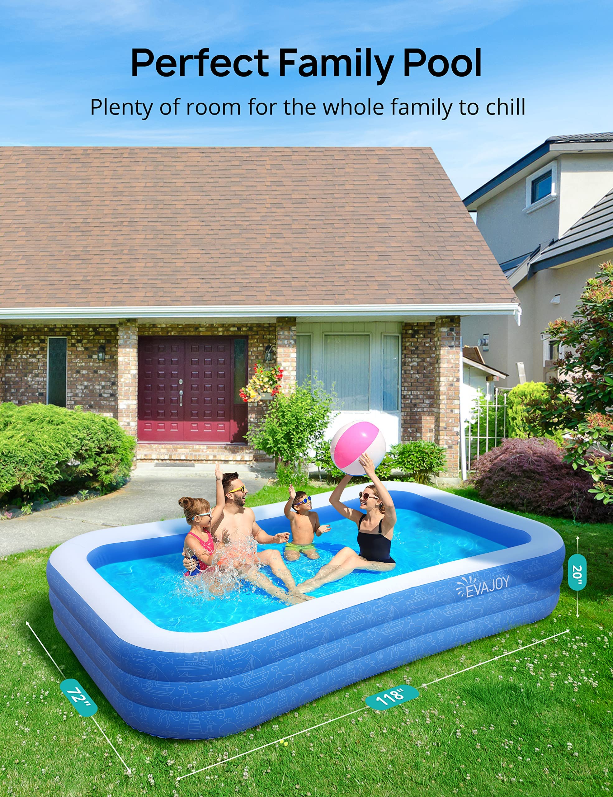 Inflatable Pool, EVAJOY 118'' x 72'' x 20'' Above Ground Pool, Kiddie Pool Large Size Thickened Blow Up Swimming Pools Play Center for Kids Children Family Outdoor Garden Backyard