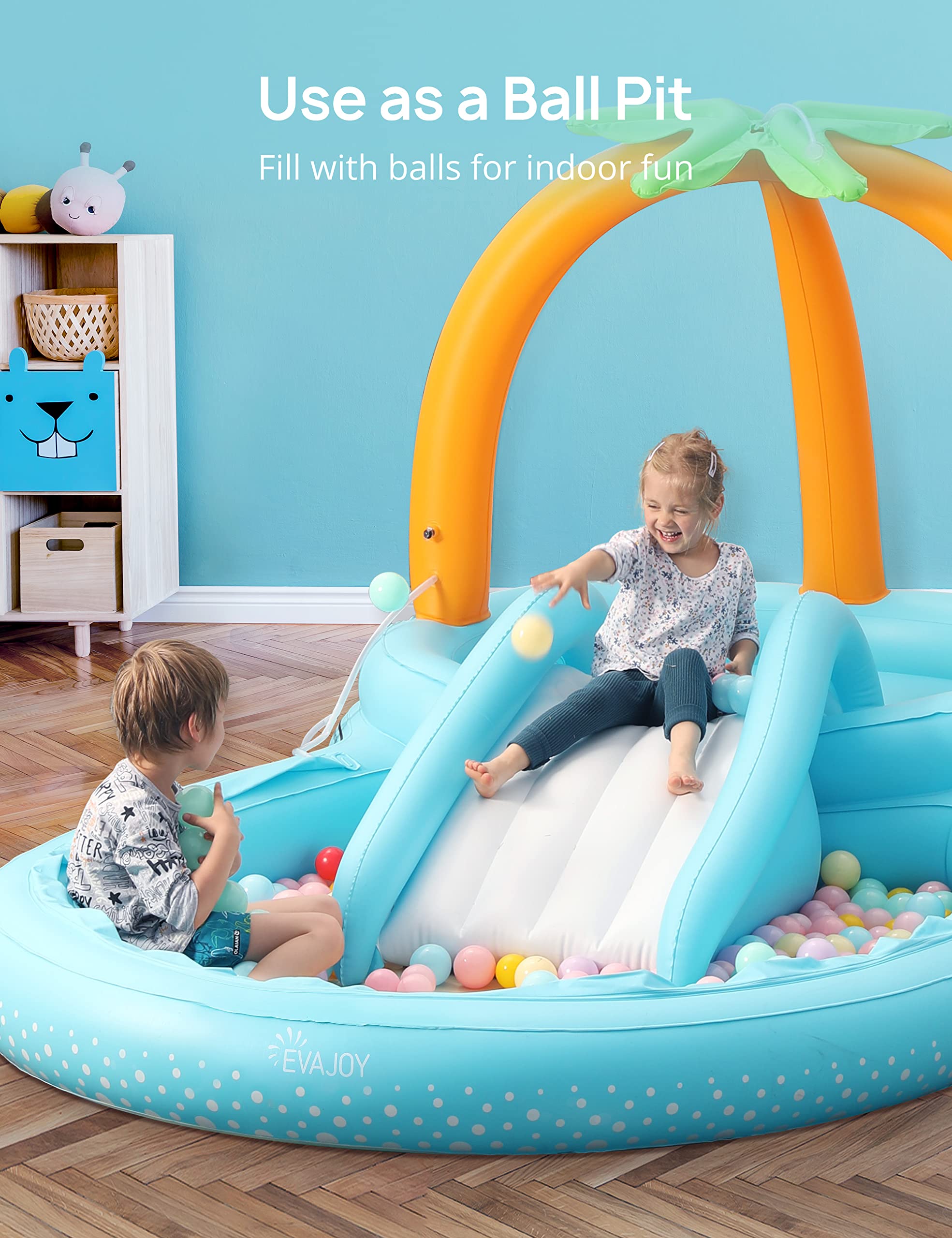 Kiddie Pool, Evajoy Inflatable Play Center Kids Pool with Slide, Water Sprayers Thickened Wear-Resistant Full-Sized Swimming Pool for Kids Toddler Children, Garden Backyard & Indoor Use 110”x71”x53”