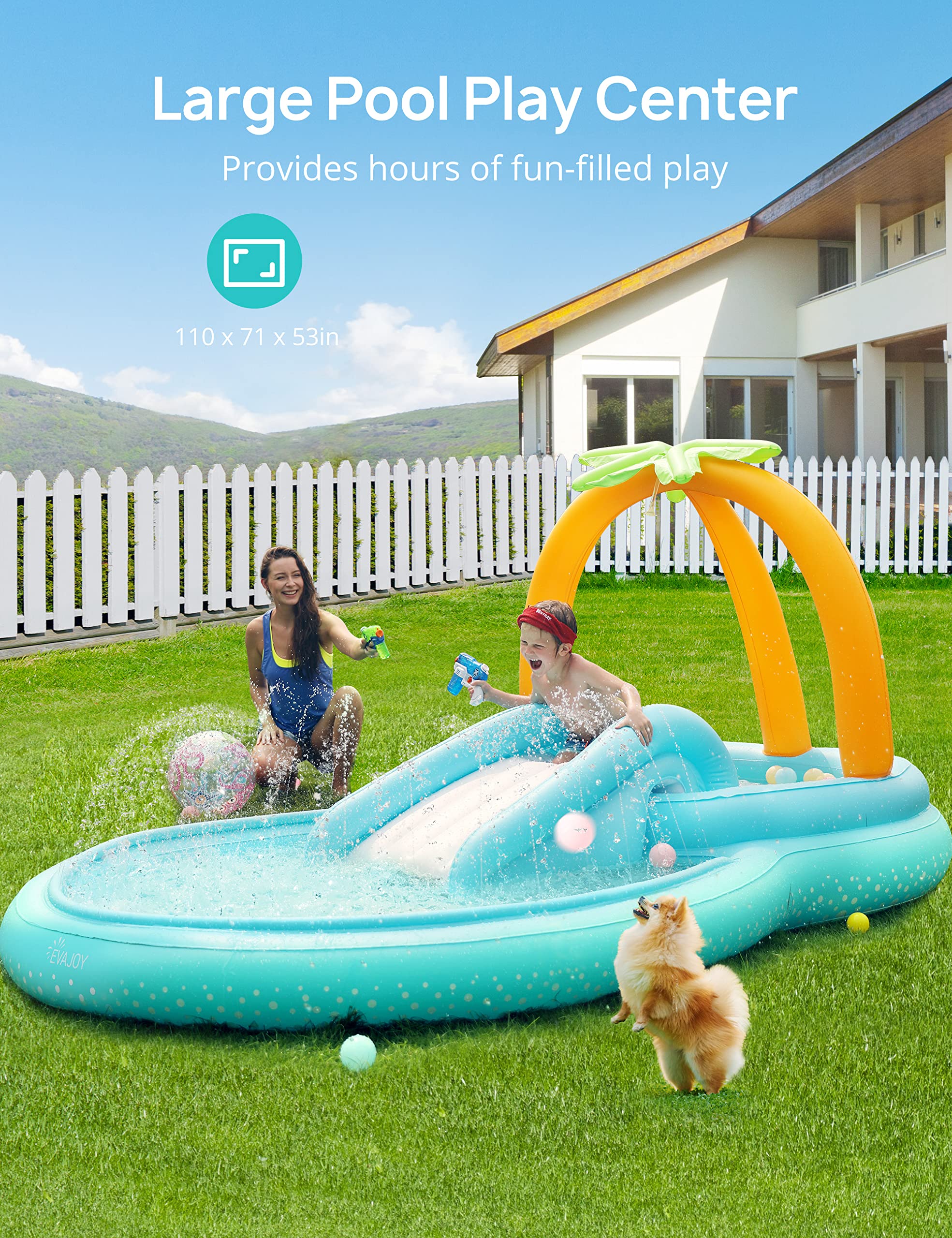 Kiddie Pool, Evajoy Inflatable Play Center Kids Pool with Slide, Water Sprayers Thickened Wear-Resistant Full-Sized Swimming Pool for Kids Toddler Children, Garden Backyard & Indoor Use 110”x71”x53”