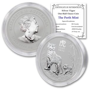 2022 p 1/2 oz silver australian lunar year of the tiger coin brilliant uncirculated (in capsule) with a certificate of authenticity 50c seller bu