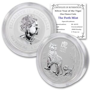 2022 p 1 oz silver australian lunar year of the tiger coin brilliant uncirculated (in capsule) with a certificate of authenticity $1 seller bu