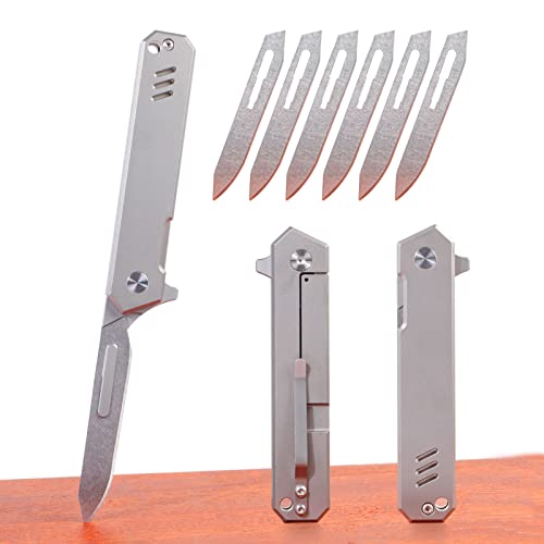 TENCHILON T37 Titanium Folding Pocket Scalpel Knife, 6pcs Tumbled 440C #60 Blades, Compact Slim Gentleman's Flipper Scalpel Replaceable EDC Utility Knives with Pocket Clip