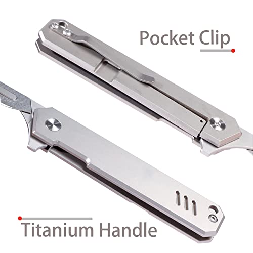 TENCHILON T37 Titanium Folding Pocket Scalpel Knife, 6pcs Tumbled 440C #60 Blades, Compact Slim Gentleman's Flipper Scalpel Replaceable EDC Utility Knives with Pocket Clip