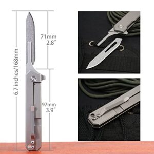 TENCHILON T37 Titanium Folding Pocket Scalpel Knife, 6pcs Tumbled 440C #60 Blades, Compact Slim Gentleman's Flipper Scalpel Replaceable EDC Utility Knives with Pocket Clip