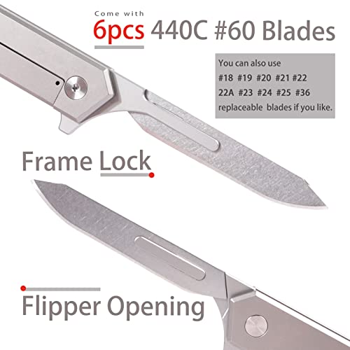 TENCHILON T37 Titanium Folding Pocket Scalpel Knife, 6pcs Tumbled 440C #60 Blades, Compact Slim Gentleman's Flipper Scalpel Replaceable EDC Utility Knives with Pocket Clip