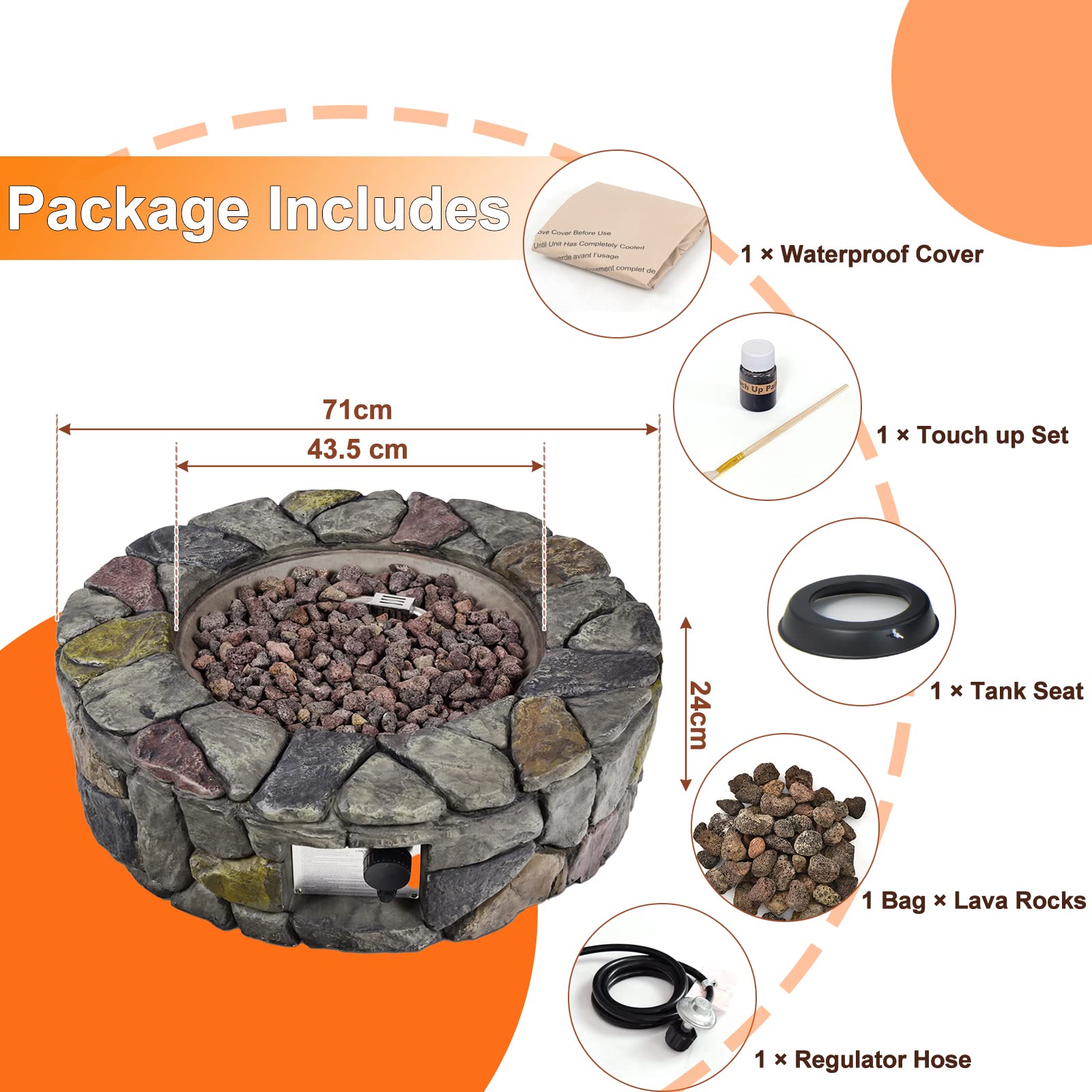 DORTALA Stone Propane Fire Pit, 28 Inch Propane Fire Pit Round w/Lava Rocks, PVC Cover, ETL Certified, Outdoor Gas Fire Pits for Outside Patio Garden Backyard, 40,000 BTU (Gray)