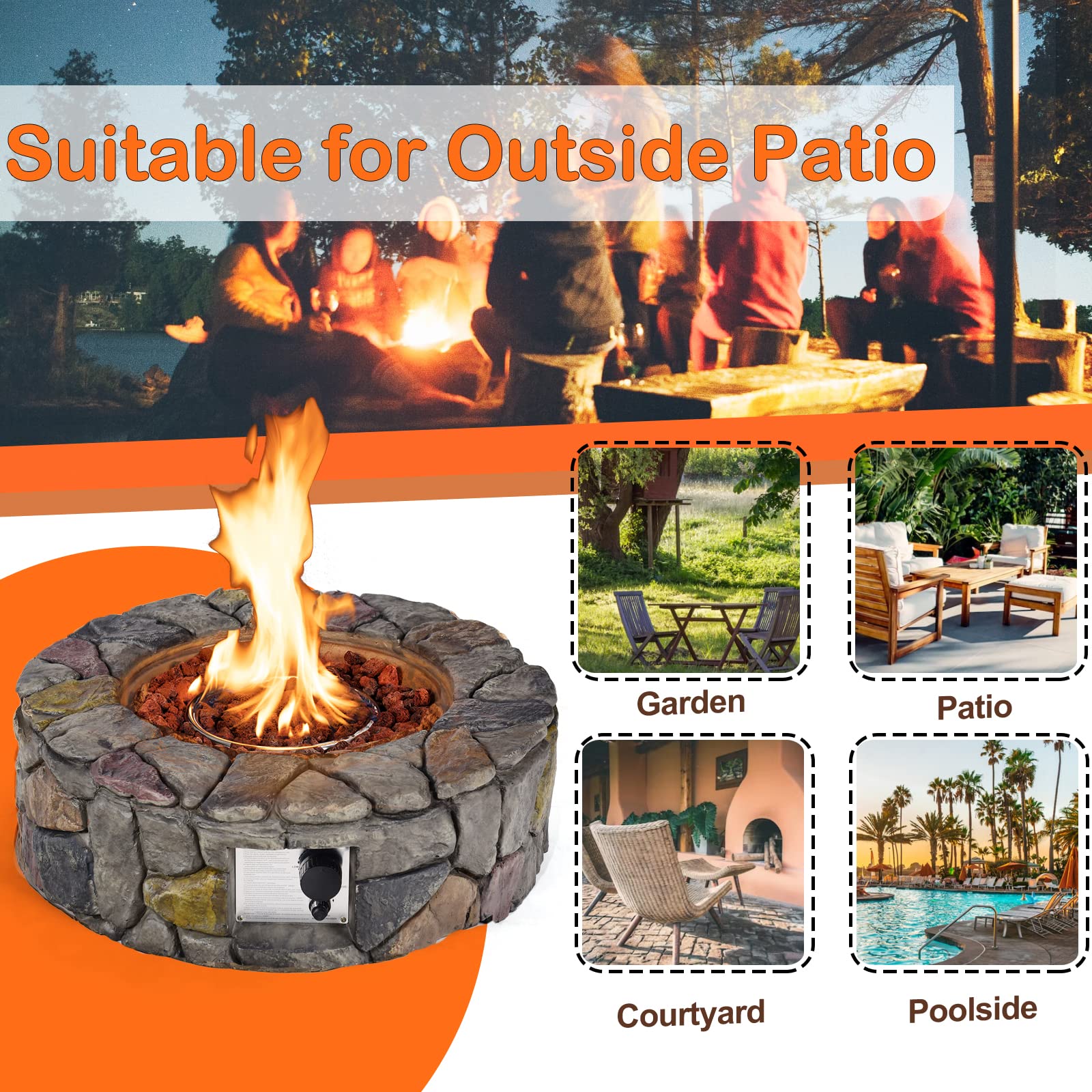 DORTALA Stone Propane Fire Pit, 28 Inch Propane Fire Pit Round w/Lava Rocks, PVC Cover, ETL Certified, Outdoor Gas Fire Pits for Outside Patio Garden Backyard, 40,000 BTU (Gray)