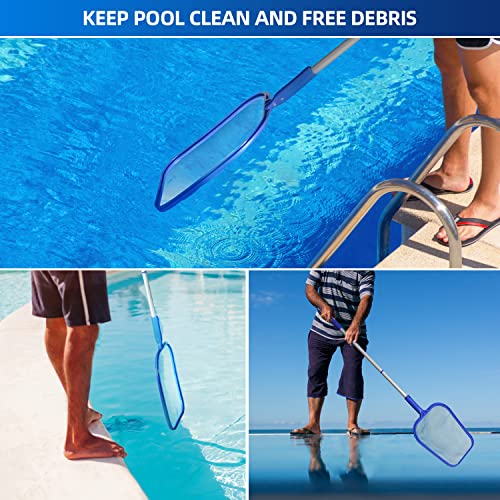 Pool Skimmer Net Pool Leaf Rake with Durable Deep Bag, Detachable Aluminum Frame, Pond Cleaning Scoop for Inground and Above Ground Swimming Pools Hot Tubs Spa (Large, Blue (with Pole))