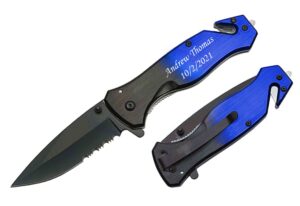 blue steel laser engraved pocket knife with seatbelt cutter and window glass breaker, quick safety knife tool for car escape in emergency color - 300202-bl