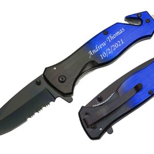 BLUE STEEL Laser Engraved Pocket Knife with Seatbelt Cutter and Window Glass Breaker, Quick Safety Knife Tool for Car Escape in Emergency Color - 300202-BL