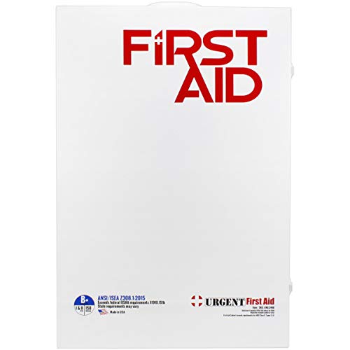 OSHA & ANSI 4 Shelf Industrial First Aid Cabinet with Pocket Liner, 150 Person, 1125 Pieces, 2015 Class B+, Types I & II, Made in USA by Urgent First Aid™ with extra content & NEW ANSI First Aid Guide