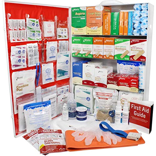 OSHA & ANSI 4 Shelf Industrial First Aid Cabinet with Pocket Liner, 150 Person, 1125 Pieces, 2015 Class B+, Types I & II, Made in USA by Urgent First Aid™ with extra content & NEW ANSI First Aid Guide