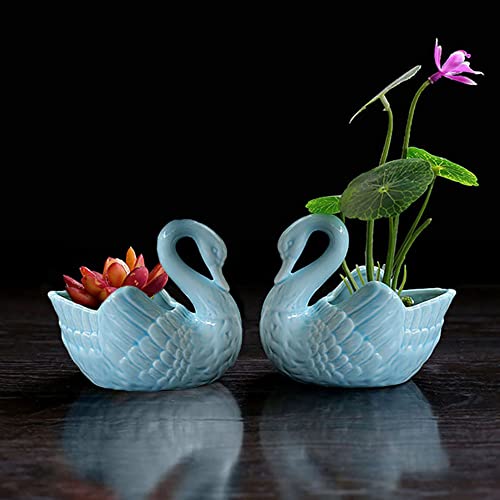 YONGYAN 2 Pack Swan Flower Pot Statue Decoration Ceramics Garden Planters Containers Pot Bookshelf Office Desktop Decor (Blue)