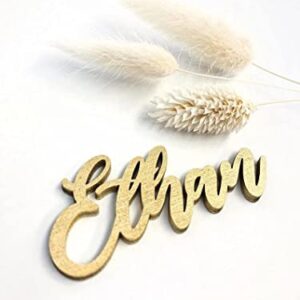 Customized Wooden Name Tags for Place Setting, Personalized Place Cards for Weddings, Bridal Showers and Events, Cursive Laser Cut Seating Cards (Gold)