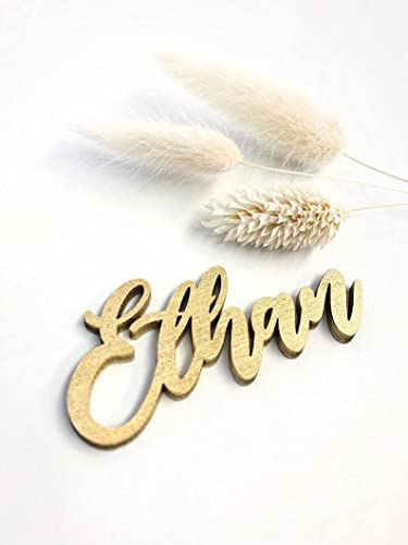 Customized Wooden Name Tags for Place Setting, Personalized Place Cards for Weddings, Bridal Showers and Events, Cursive Laser Cut Seating Cards (Gold)