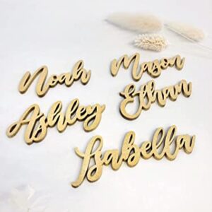 Customized Wooden Name Tags for Place Setting, Personalized Place Cards for Weddings, Bridal Showers and Events, Cursive Laser Cut Seating Cards (Gold)