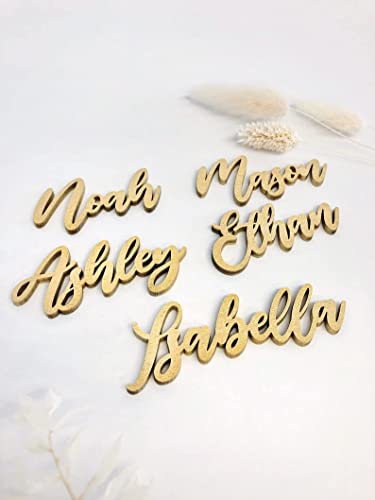 Customized Wooden Name Tags for Place Setting, Personalized Place Cards for Weddings, Bridal Showers and Events, Cursive Laser Cut Seating Cards (Gold)