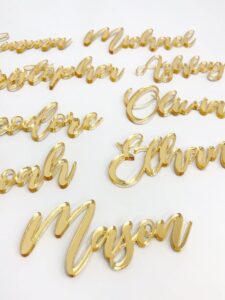 customized acrylic name tags for place setting, personalized place cards for weddings, bridal showers and events, cursive laser cut seating cards