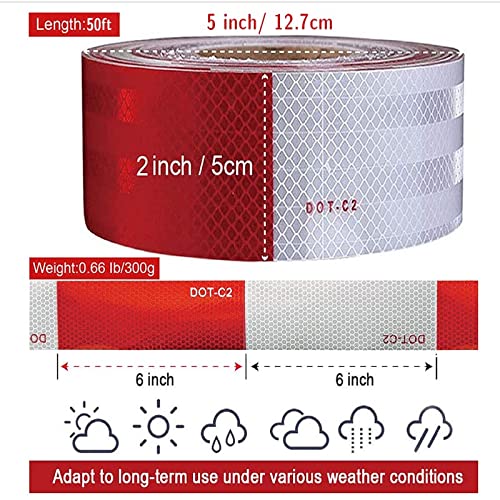 BUYMALLY Reflective Tape Outdoor Waterproof for Trailer - Dot Reflective Reflector Sticker Tape - Utility Trailer Truck Accessories - Red White Reflective Trailer Tape 2in*50Ft