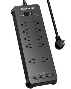 power strip,jackyled 10 widely spaced outlets surge protector with 4usb ports,1875w/15a,2100 joules,5ft flat plug heavy duty extension cord,wall mountable outlet extender for home,etl listed black