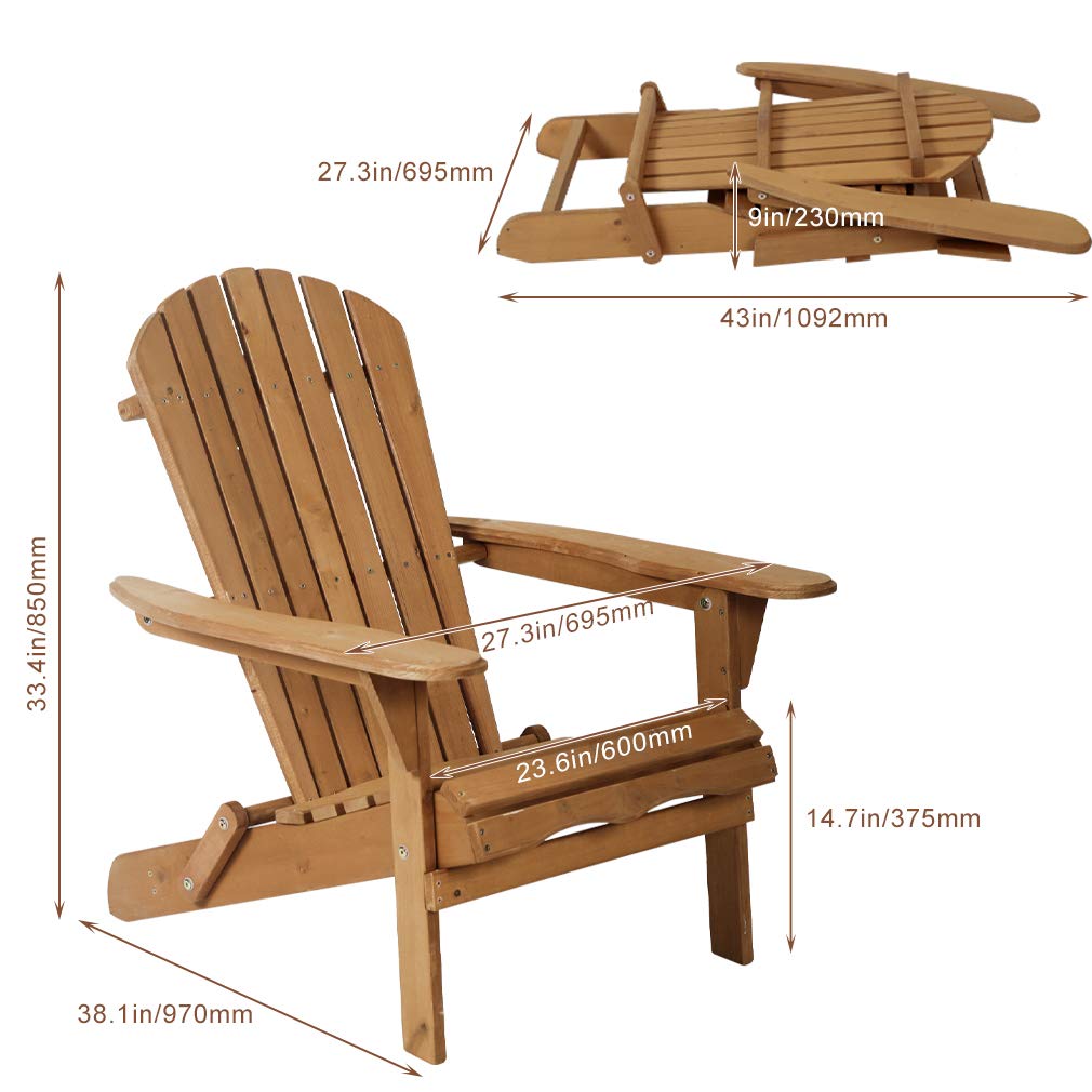 Hudada Adirondack Chairs Set of 2 Folding Lounger Chair for Lawn,Outdoor,Patio,Fire Pit Seating Accent Furniture w/Natural Finish Weather Resistant, Wooden