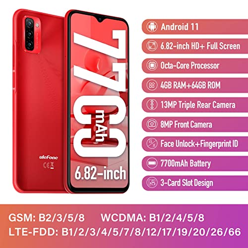 Ulefone Unlocked Smartphone Note 12P, 4-Day Battery, Android 11, Triple Rear Camera, 3-Card Slots, 6.82" Ultra-Large Screen, OTG, Global Bands, Lightweight Structure, T-Mobile, US Version - Red