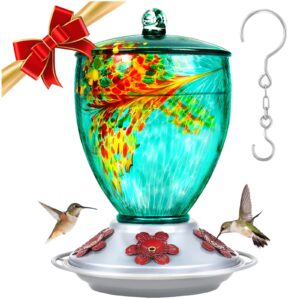 bolite hummingbird feeders for outdoors, hand blown glass, 30 ounce, 5 feeding ports with perch, 21003bu green