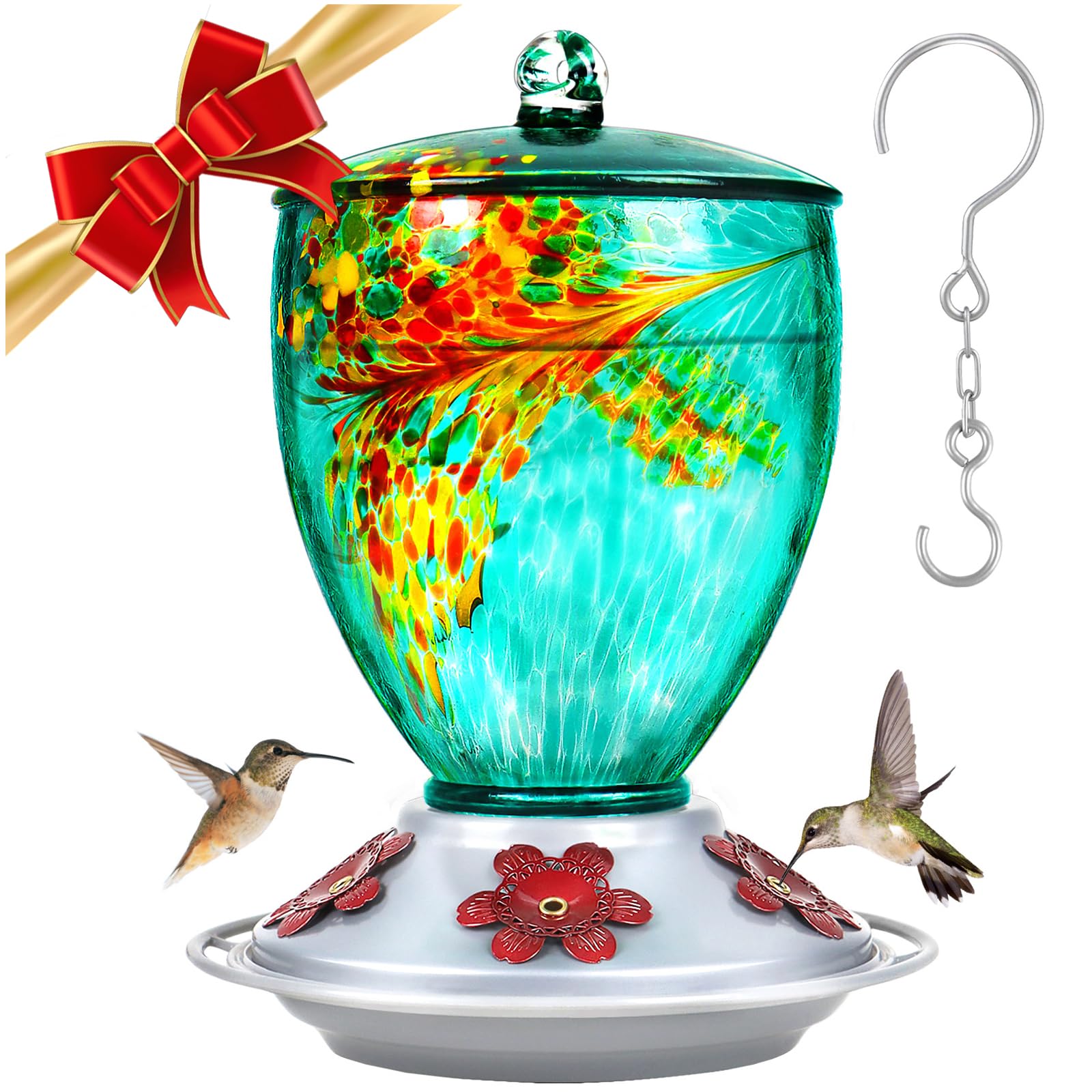 BOLITE Hummingbird Feeders for Outdoors, Hand Blown Glass, 30 Ounce, 5 Feeding Ports with Perch, 21003BU Green