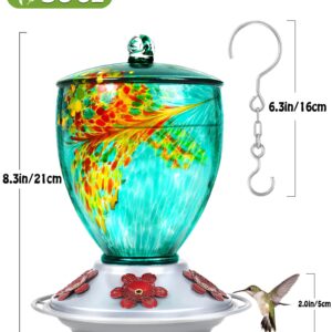 BOLITE Hummingbird Feeders for Outdoors, Hand Blown Glass, 30 Ounce, 5 Feeding Ports with Perch, 21003BU Green