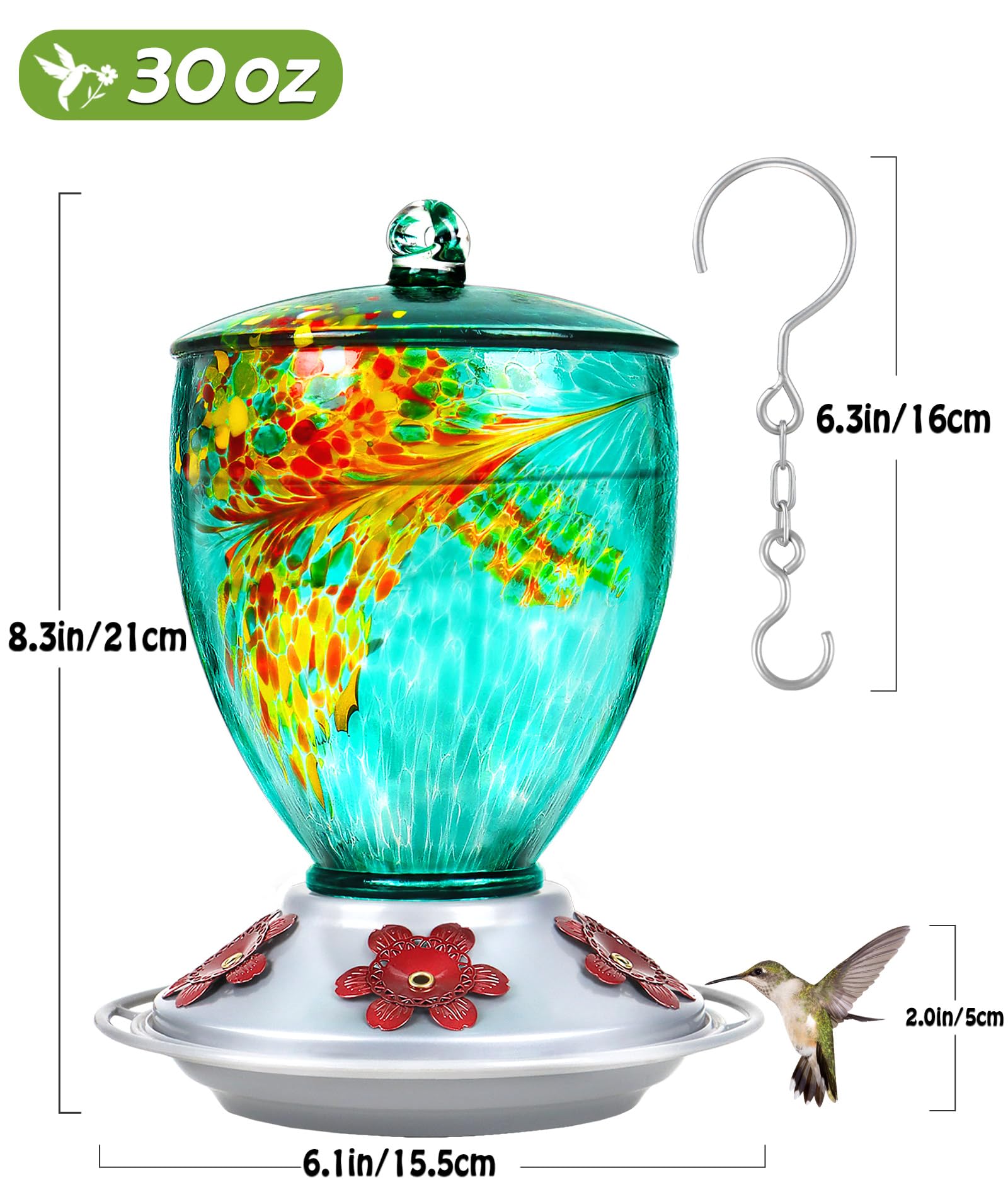 BOLITE Hummingbird Feeders for Outdoors, Hand Blown Glass, 30 Ounce, 5 Feeding Ports with Perch, 21003BU Green