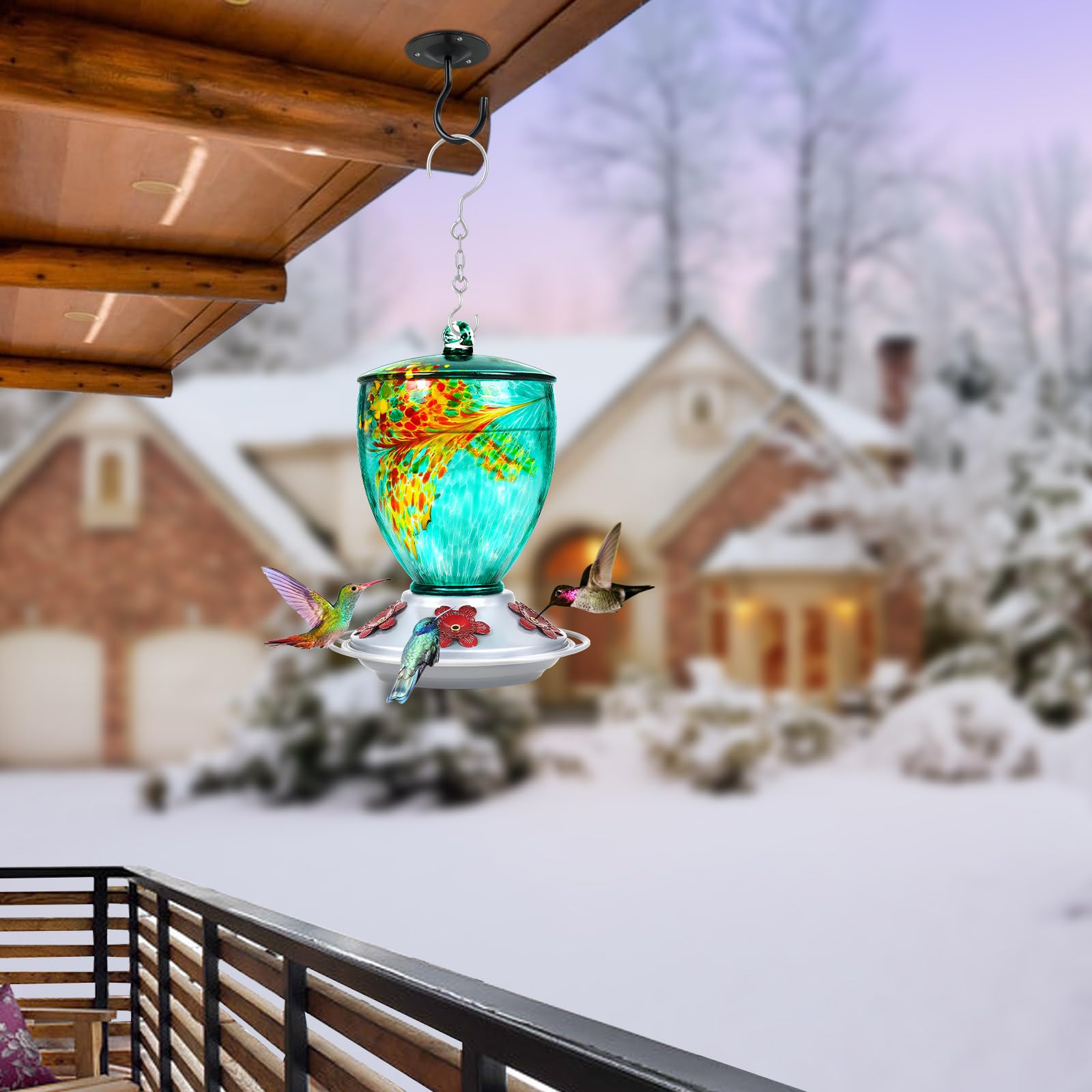 BOLITE Hummingbird Feeders for Outdoors, Hand Blown Glass, 30 Ounce, 5 Feeding Ports with Perch, 21003BU Green