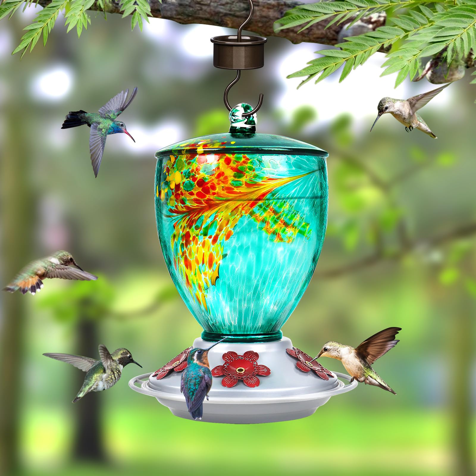 BOLITE Hummingbird Feeders for Outdoors, Hand Blown Glass, 30 Ounce, 5 Feeding Ports with Perch, 21003BU Green